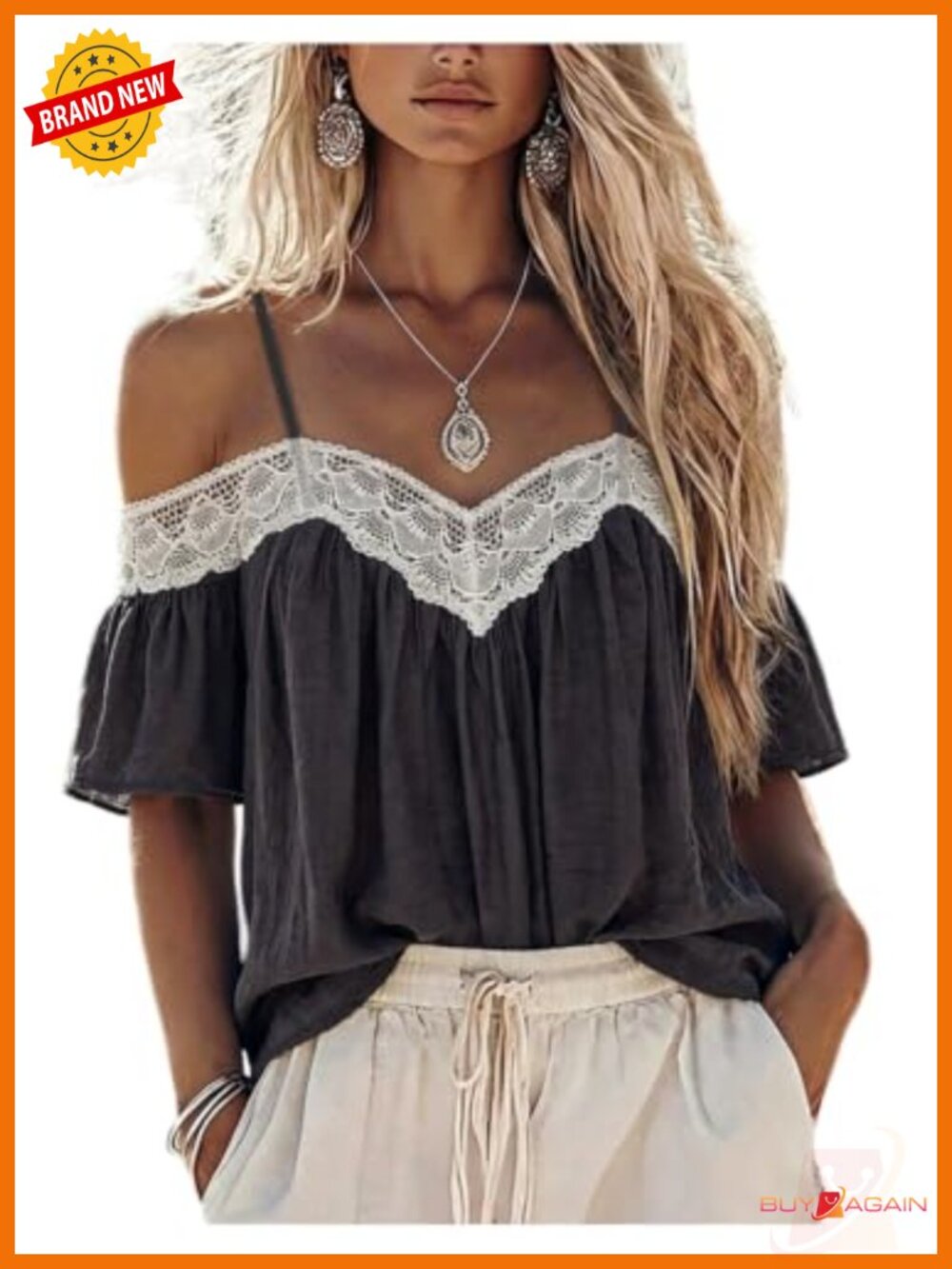 Boho Lace Trim Cold Shoulder Blouse Ruffled Short Sleeve